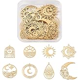Cheriswelry 16Pcs 201 Stainless Steel Pendants Flat Round Flower Teardrop Sun Moon Charms Hollow Metal Charms 27-36mm for DIY Jewelry Making Charms Necklace Earrings Crafts