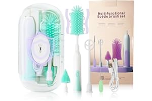 QCBF Electric Bottle Brush,Electric Baby Bottle Brush Set with Silicone Bottle/Pacifier/Straw Brush and Mixing Head, Water Bottle Cleaner Brush with Drying Rack, 2 Modes & 360° Rotation (Green)