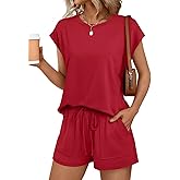 AUTOMET Womens Crew Neck Two Piece Short Sets Cap Sleeve Drawstring Summer Sweatsuit with Pocket
