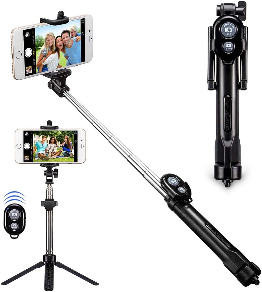 Alfort extendable and foldable Bluetooth multi-function selfie stick with shutter release for Samsung, iPhone and Huawei 5.5 inch Black