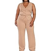 Women's Plus Size Pant Suits 2 Piece Outfits Button Vest Blazer Pockets Wide Leg Pants Sets Casual Pantsuits