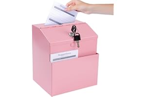 SUMERFNT Suggestion Box with Slot and Lock & 50 Suggestion Sheets Wall Mounted Comment Ballot and Donation Box with Lock Steel Pink