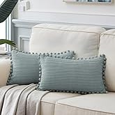 Fancy Homi Pack of 2 Farmhouse Lumbar Decorative Throw Pillow Covers with Pom-poms, Soft Corduroy Solid Rectangle Cushion Cases Set for Couch Sofa Bedroom Living Room (12x20 Inch/30x50 cm, Grey Blue)