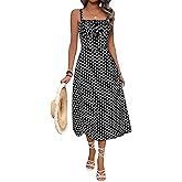 Floerns Women's Polka Dots Square Neck Tank Dress Ruched Bust Knot A Line Midi Dresses