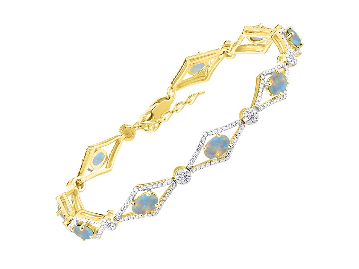 Rylos Yellow Gold Plated Silver Tennis Bracelet with 9 Beautiful 6X4MM White Opal October & Sparkling Diamonds - Birthstone Jewelry for Women - Adjustable to 7-8" - Friendship and Elegance in One