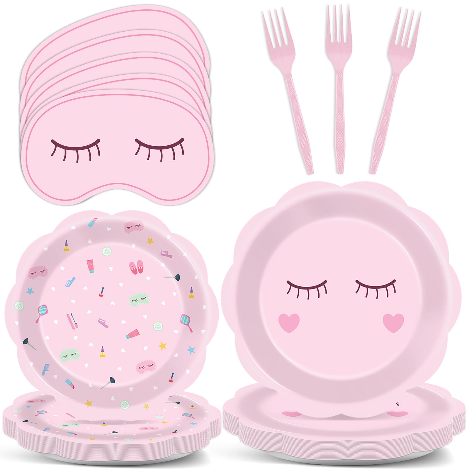 Photo 1 of 96Pcs Spa Party Decorations Spa Paper Plates Napkins Pink Sleepover Tableware Dinnerware Set Slumber Spa Party Supplies Dinner Dessert Plates for Girls Makeup Birthday Pajama Party Favors Table Decor