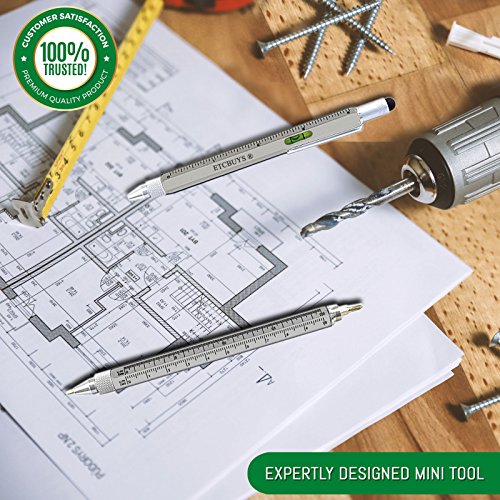 Screwdriver Pen Pocket Multi-Tool 6 in 1 - Multi-Functional & Sturdy Aluminum DIY Tool, with Screwdriver, Stylus, Bubble Level, Ruler & Phillips Flathead Bit, Unique Gift Idea (Silver)