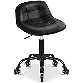 FreekyFit Rolling Shop Stool with Wheels, Rolling Stool with Back Support, 360° Swive Garage Chair, Height Adjustable Chair 330lb Heavy Duty for Spa Salon Massage Home Office Tattoo (Black)