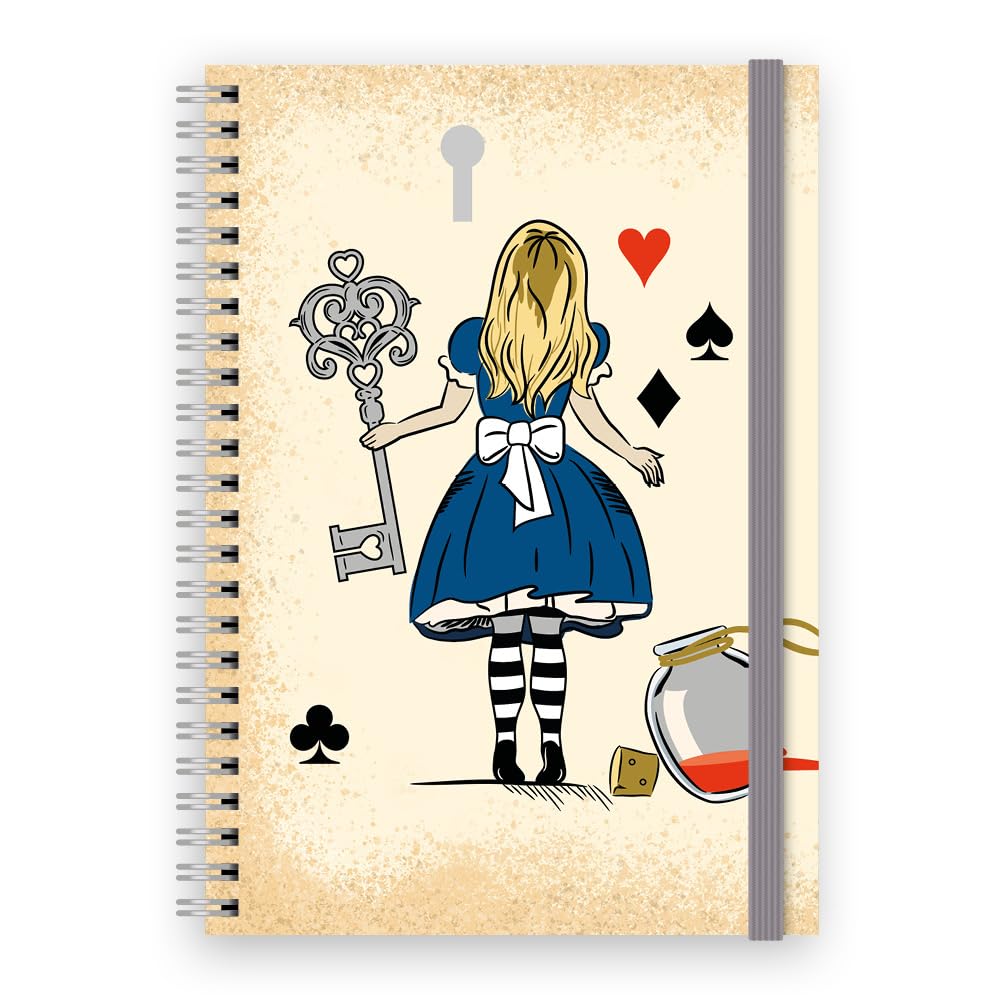Cauliflower Journals A5 Spiral Bound Journal Notebook-Alice in Wonderland Themed Cover Design, 120 Ruled Pages, Double Pocket and Elastic Page Divider (Drink Me)