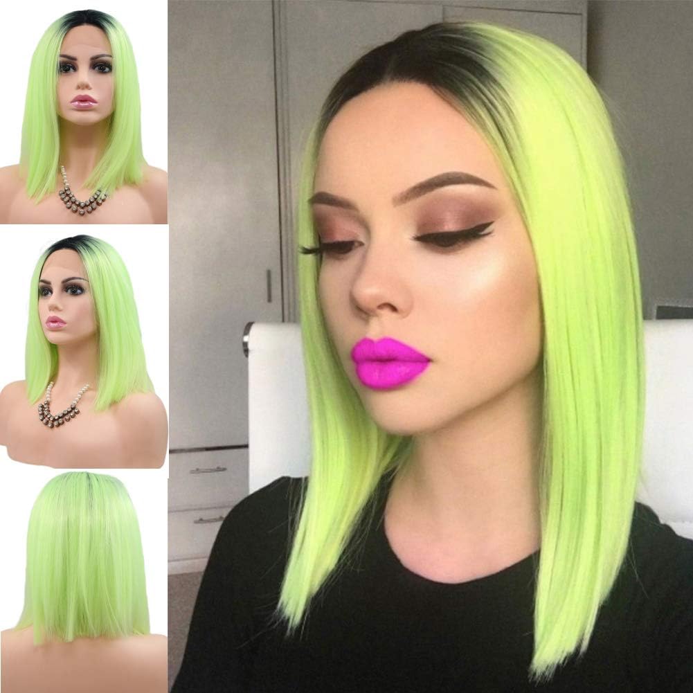 Neon Green Real Hair Lace Bob Wig Short Wigs for Black Women Black Root Fluorescence Green Ombre Wigs Hd Frontal Glueless Synthetic Lace Front Wig Short Drag Cosplay Daily 14Inch