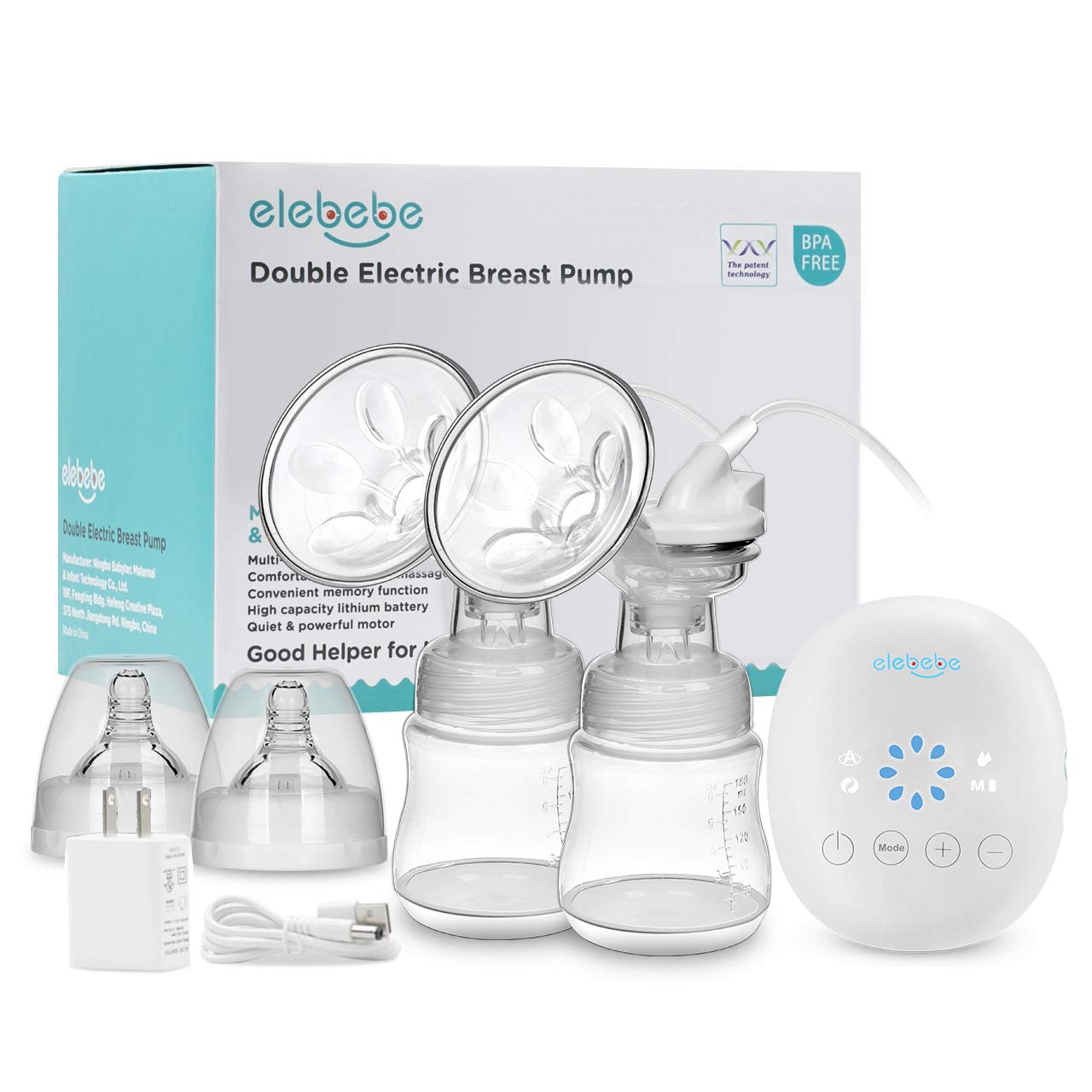 Elebebe Electric Double Breast Pump - Portable Breast Pump Kit, Quiet & Hygienic, 8 Levels of Suction & 4 Modes, Perfect Massage and Breastfeeding Assistant, No Harm Medical Grade Breast Pump