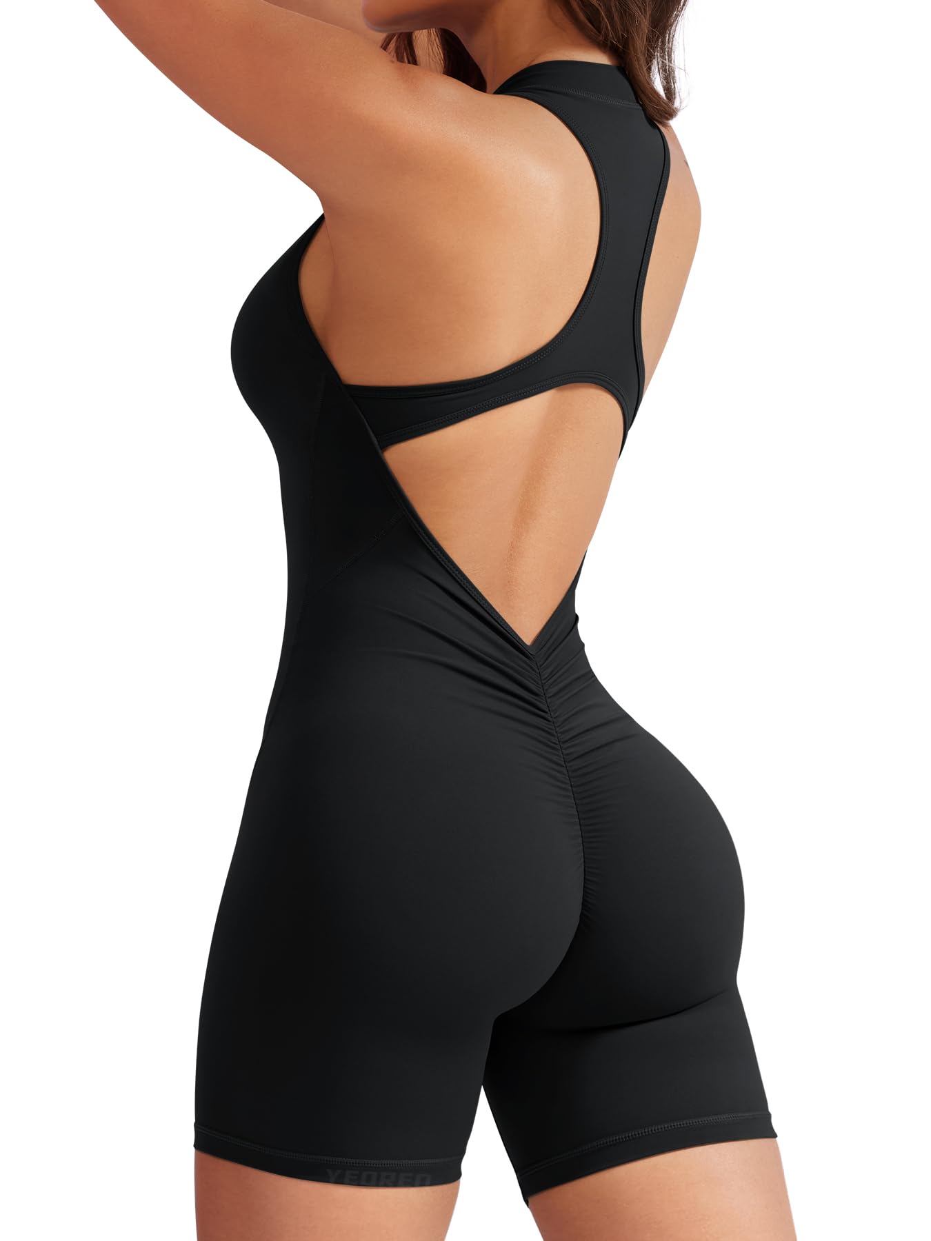 Photo 1 of YEOREO Jumpsuits for Women Zip Up Workout Backless One Piece Tummy Control Sleeveless Emma Sexy Yoga Bodysuits Black L