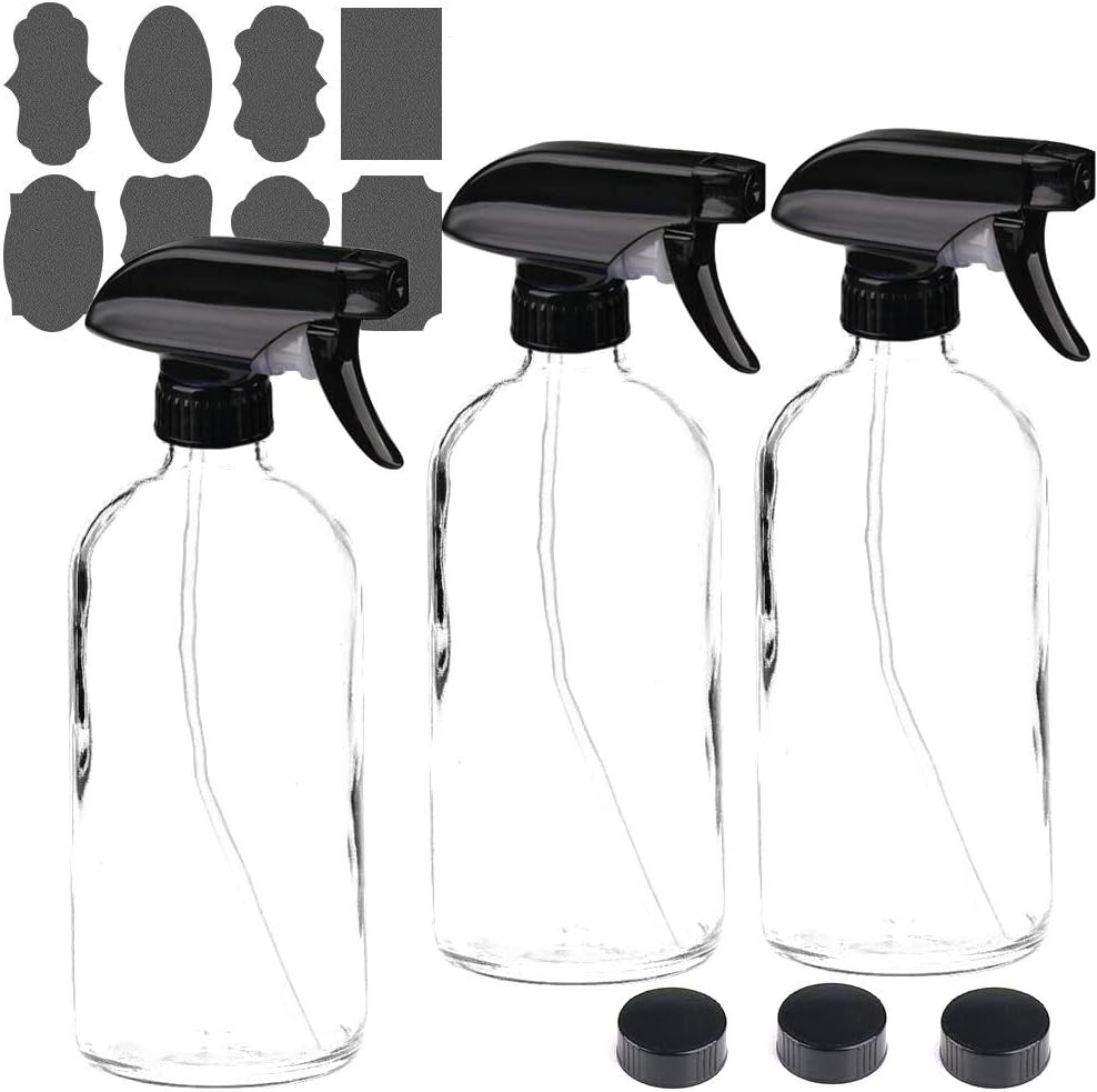 3 Pack 16oz Glass Spray Bottle Empty Clear Glass Spray Bottles Set Refillable Container for Essential Oils, Cleaning Products or Aromatherapy