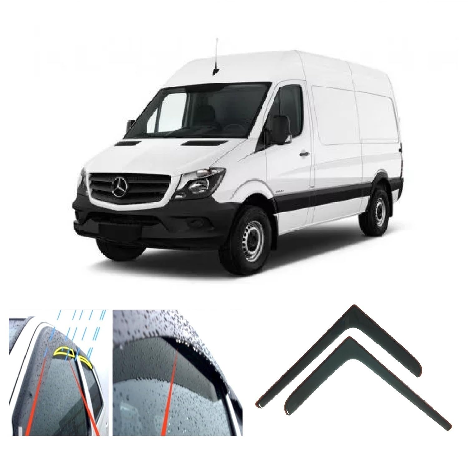 AC WOW 2x compatible with MERCEDES Sprinter 906 (2006-2018) V W Crafter LT3 (2006-2017) Wind Deflectors Dark Smoke Tinted Acrylic Glass Door Side Windows In-Channel Visors Rain Snow Sun Guards