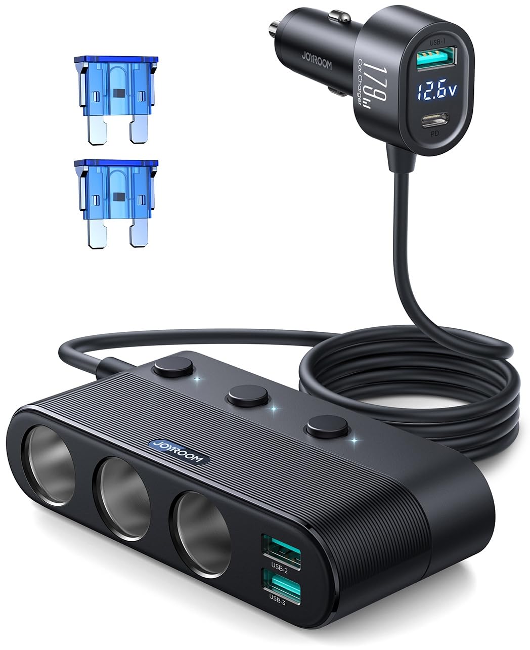 Photo 1 of [2025 Upgraded] 7 in 1 Cigarette Lighter Adapter, JOYROOM 179W Car Charger Adapter with PD30W Charge(3.3FT Cable), 24V/ 12V Cigarette Lighter Splitter with Independent Switches & LED Voltage Display