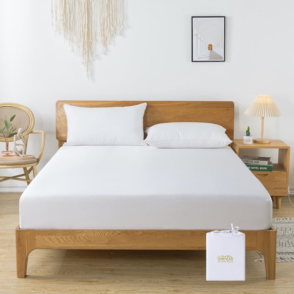 bienDo King Size Fitted Sheets, 100% Bamboo-Vegan Silk, White, 400 Thread Count, 35cm Extra Deep-Silky Soft, Breathable, Hypoallergenic - 150x 200cm