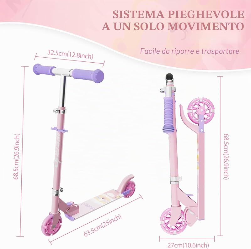 Monopattino per bambini in alluminio, pieghevole, con 3 altezze regolabili, per regali per 3 + ragazzi e ragazze (rosa)