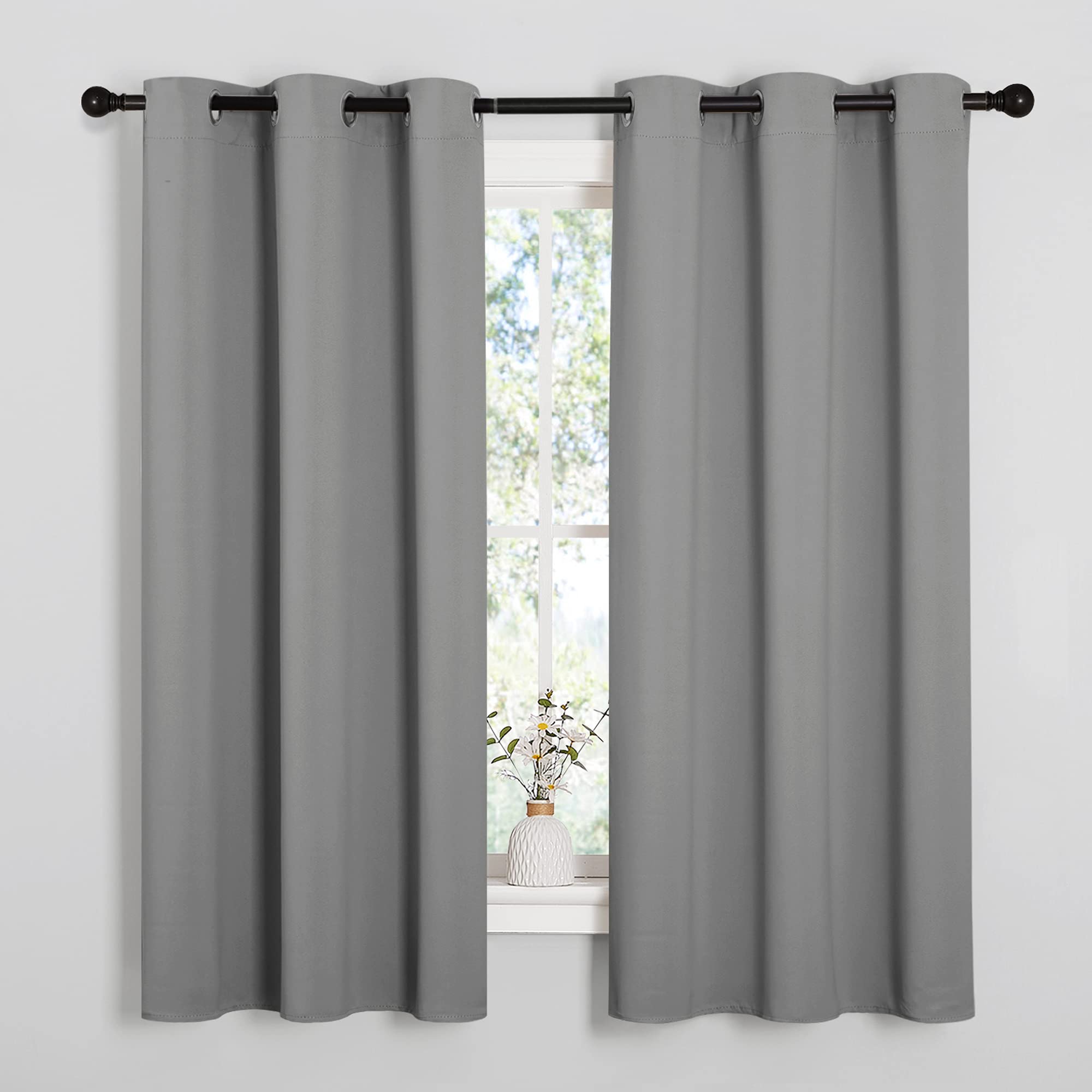 NICETOWN Silver Grey Thermal Insulated Grommet Blackout Curtains, Kids Window Drape Panel for Nursery, Privacy Short Curtains (2 Panels, W42 x L63 -Inch) Image