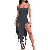Balimtoy Women's Y2k Strapless Ruffle Bodycon Maxi Dress Tube Top Ruched Split Thigh Formal Club Party Long Dresses