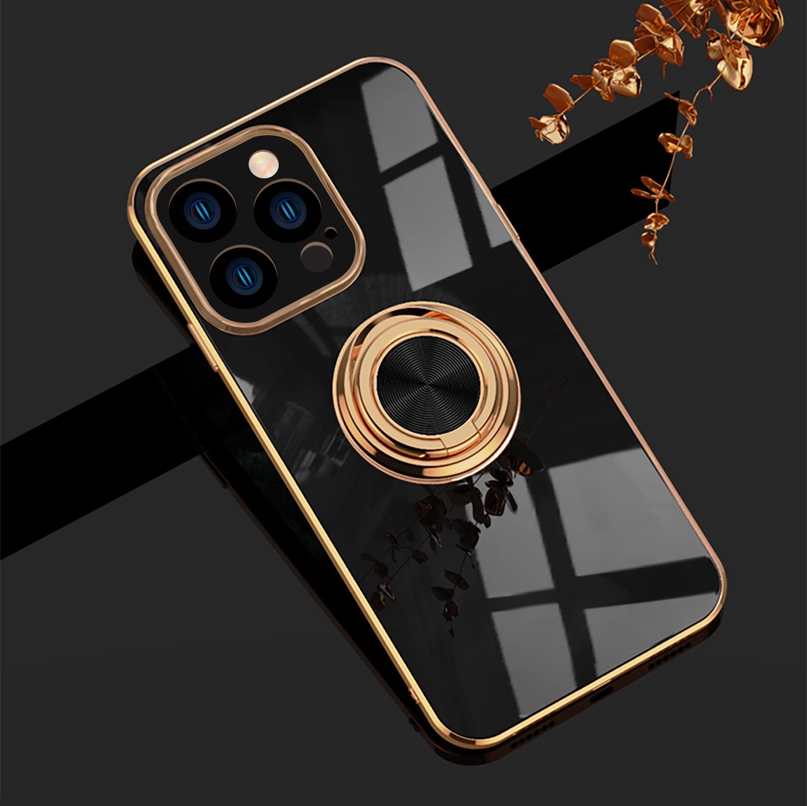 EYZUTAK Electroplated Magnetic Ring Holder Case, 360 Degree with Rotation Metal Finger Ring Holder Magnet Car Holder Soft Silicone Shockproof Cover for iPhone 12 Pro Max 6.7 inch - Black — image 1