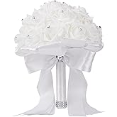 AUEAR, Wedding Bouquets Flower Bridal Bridesmaid Crystal Silk Artificial Rose for Bride Party and Church (White)