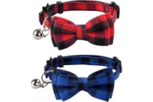 LAMPHYFACE 2 Pack/Set Cat Collar Breakaway with Cute Bow Tie and Bell for Kitty Adjustable Safety Plaid, Red&Blue