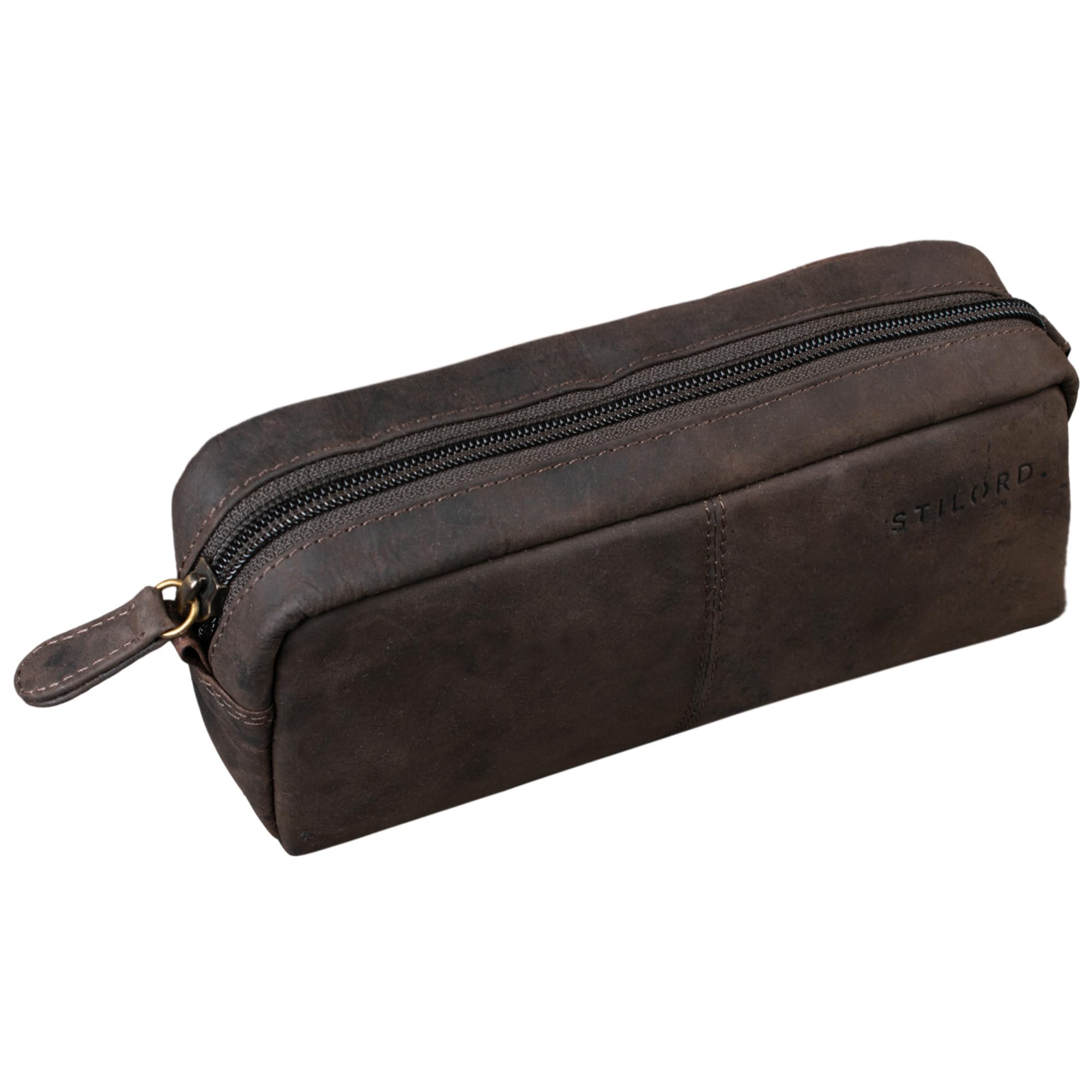 STILORD 'Spencer' Vintage Leather Pencil Case - Zipper Pouch - Organizer Roll-Up Pouch - Pen Case Genuine Leather, Colour:Dark - Brown