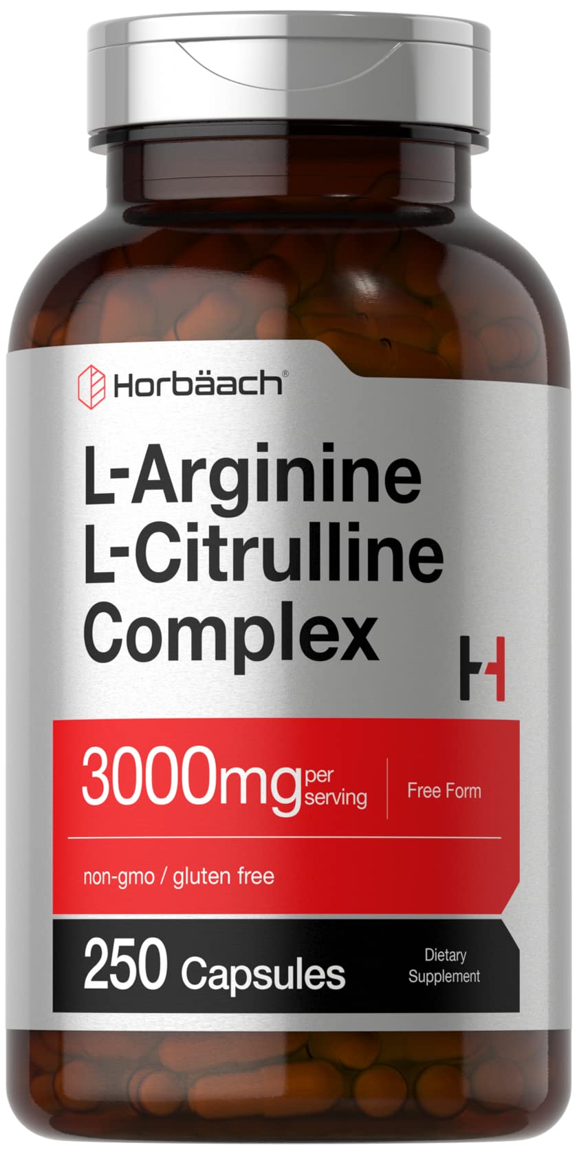 horbaach l-arginine l-citrulline complex | 3000mg | 250 capsules | non-gmo, gluten free supplement