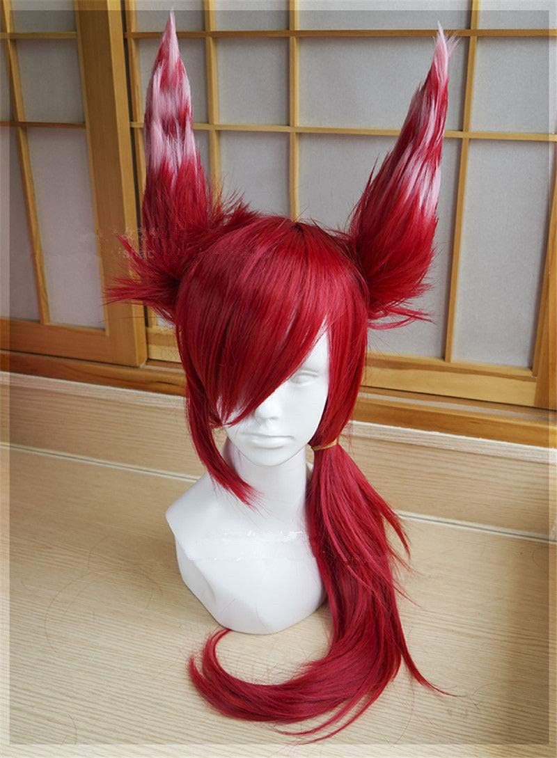 FidgetFidget Game LOL Xayah The Rebel Red Long Wig + Ear Cosplay League of Legends Hairpieces