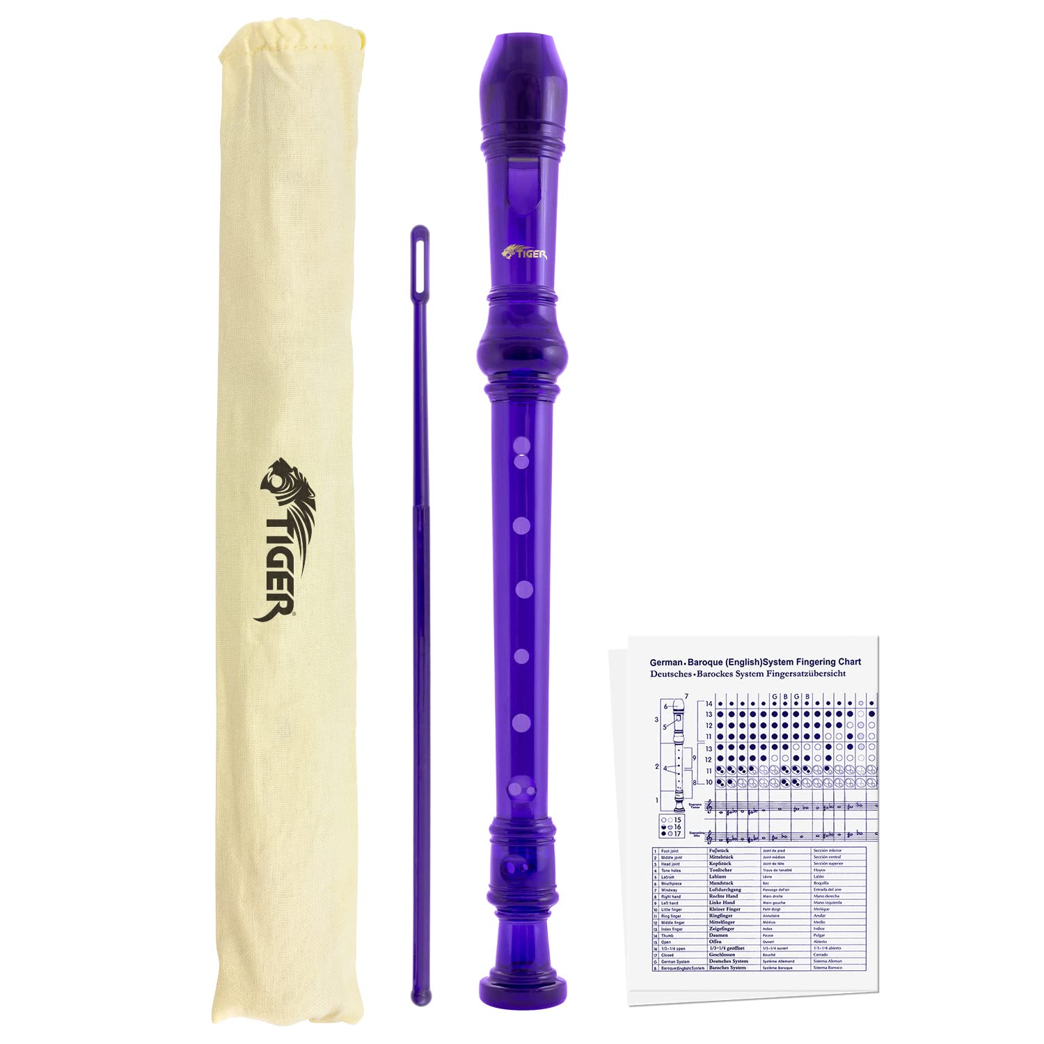 TIGER REC7-PU Descant/Soprano School Recorder with Bag, Cleaning Rod and Fingering Chart, English/Baroque Fingering - Purple