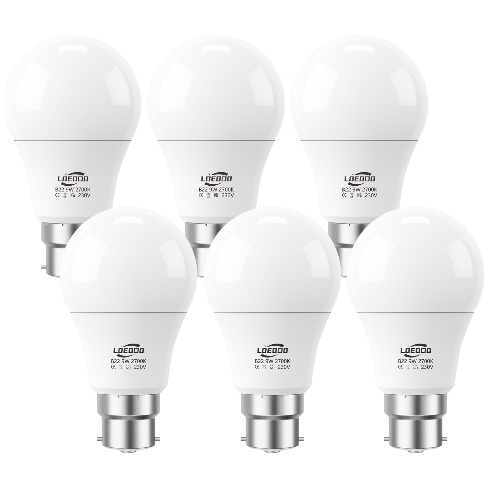 LOEODO Bayonet Light Bulbs 60W Equvialent, 9W 806 Lumens LED Bulb, Warm White 2700K, B22 Energy Saving Lightbulbs, Non-dimmable, Pack of 6 — image 1