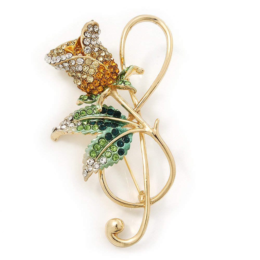 Large Gold Plated Treble Clef & Diamante Rose Brooch - 7cm Length