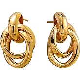 14K Chunky Gold Earrings Gold Geometric Drop Dangle Earrings for Women Large Hoop Gold Statement Earrings Hypoallergenic Fashion Earrings Jewelry