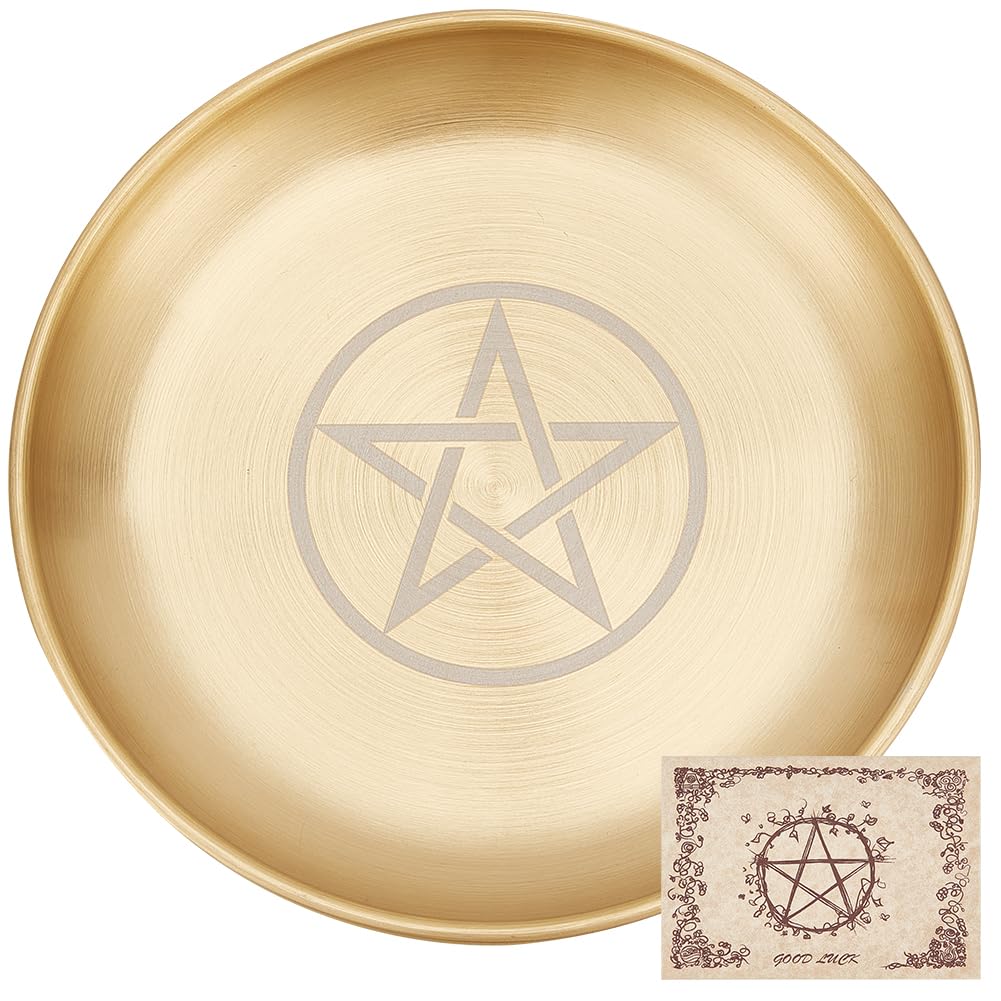 CREATCABIN Pentagram Altar Star Tarot Plate Ritual Burning Candle Holder Bowls Offering Incense Burning Flat Bowl With Altar Card Tarot Supplies for Witchcraft Wiccan Golden 5.55 Inch