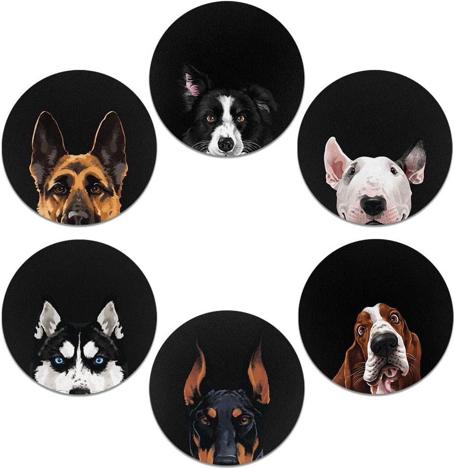 CARIBOU Coasters, Dog Face (group 4) Design Absorbent ROUND Fabric Felt Neoprene Car Coasters for Drinks (2.87 inches), 6pcs Set