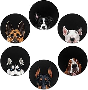 CARIBOU Coasters, Dog Face (group 4) Design Absorbent ROUND Fabric Felt Neoprene Car Coasters for Drinks (2.87 inches), 6pcs Set