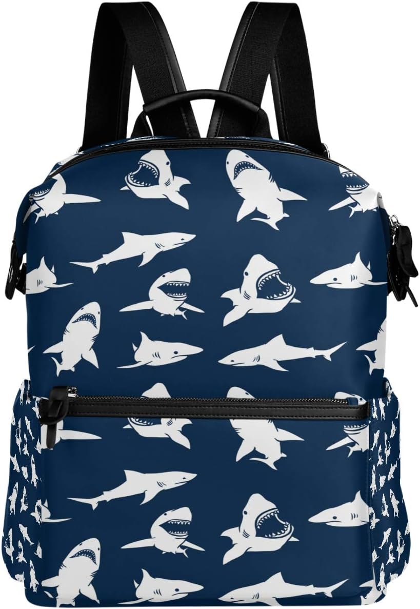 Oarencol Funny Sharks White Silhouettes Animal Blue Backpack School Book Bag Travel Hiking Camping Laptop Daypack