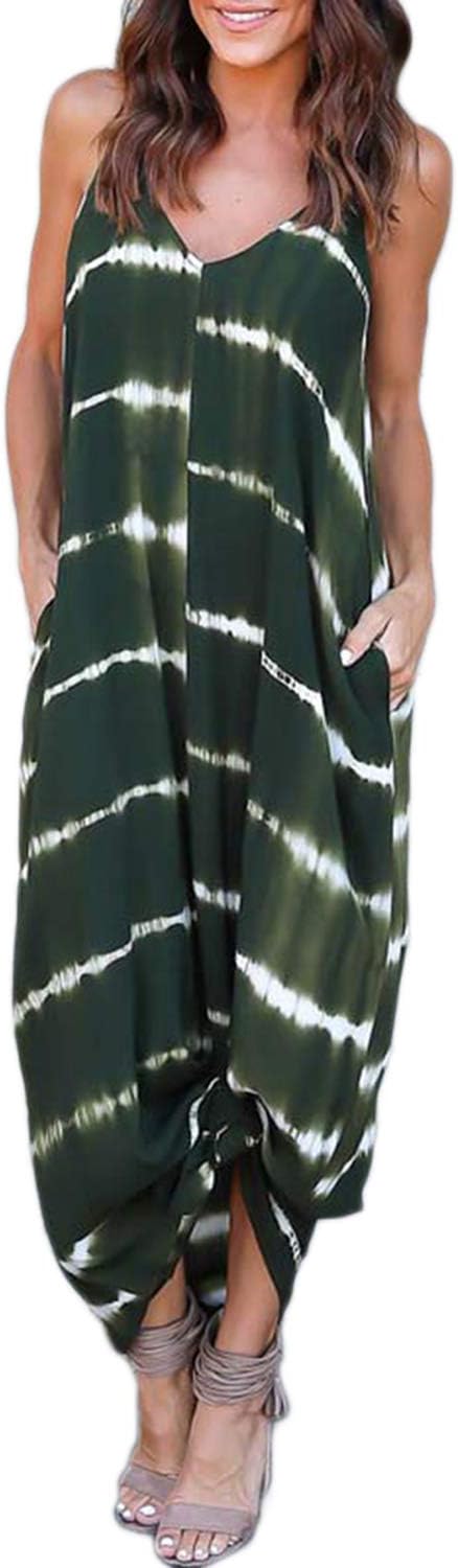 Women V Neck Spaghetti Strap Striped Pattern Pockets Beach Long Maxi Dress