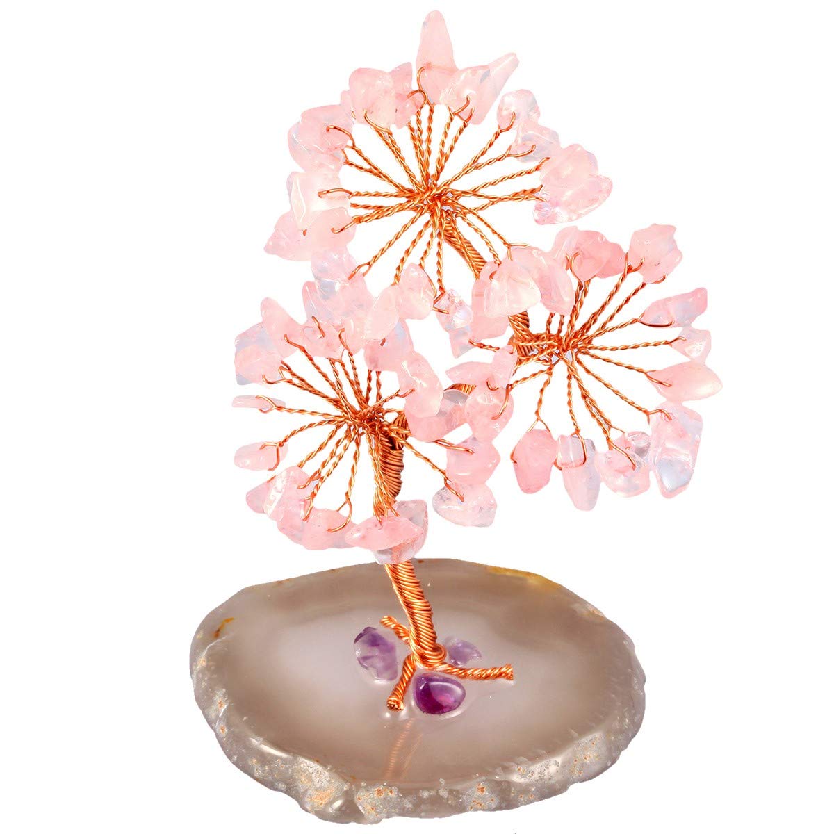 mookaitedecor Natural Rose Quartz Tumbled Stones Money Tree,Gemstone Feng Shui Ornaments Healing Crystal Tree Figurines,Agate Slice Geode Quartz Stand