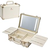 Faquenc Lighted Makeup Case with Detachable Tray, Beige Vegan Leather Makeup Box Rechargable 3-Color LED Mirror, Travel Train Case Makeup Bag Organizer with Champagne Alloy