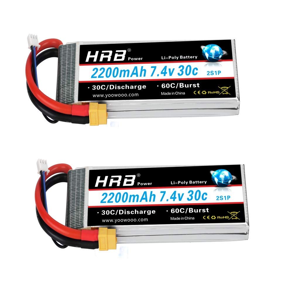 HRB 2pc 2200mAh 7.4V 2S 30C LiPo Battery Pack with XT60 Plug Compatible with Rc Traxxas 1/16 E-Revo VXL Summit Slash Losi 1/14 Mini 8ight and Rc Cars