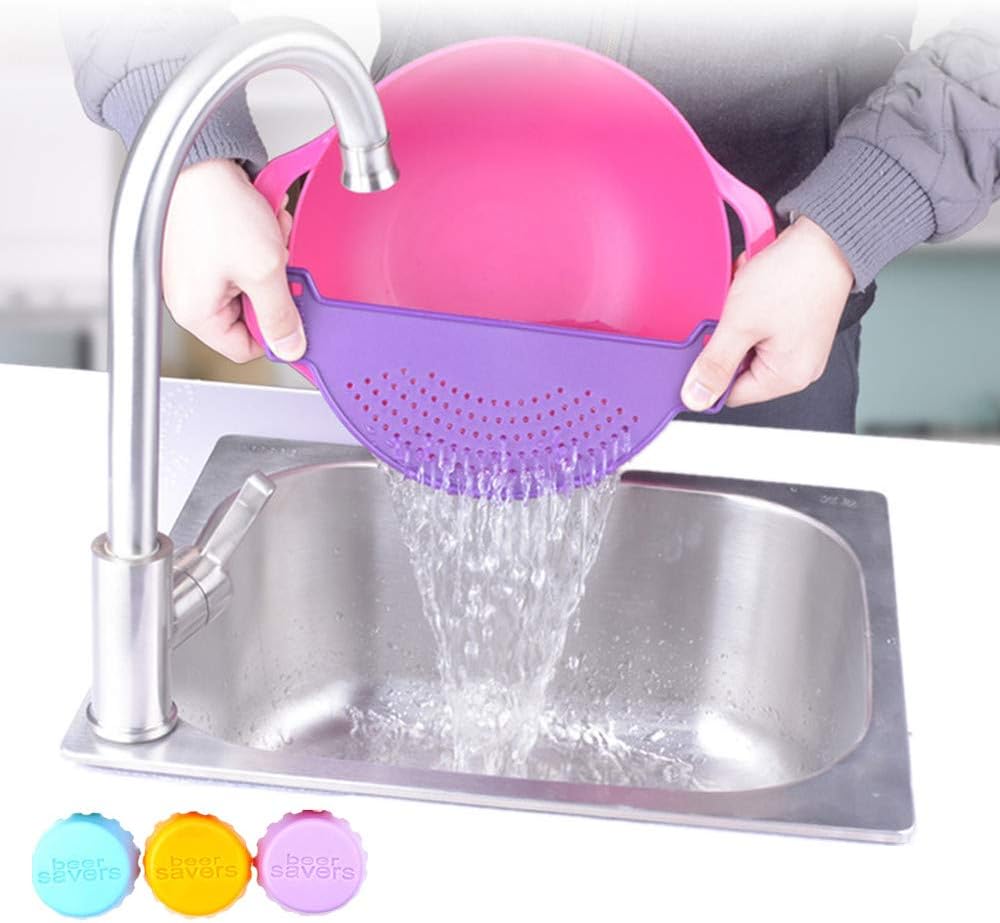 2 Pcs Premium Plastic Pot Strainer/Pan Drainer With Handle - Food Filter Board Sieve Draining Spaghetti, Pasta, Grease, Vegetable, Fruit, Fits Upto 9.5 inch Pot - Silicone Bottle Caps Gift