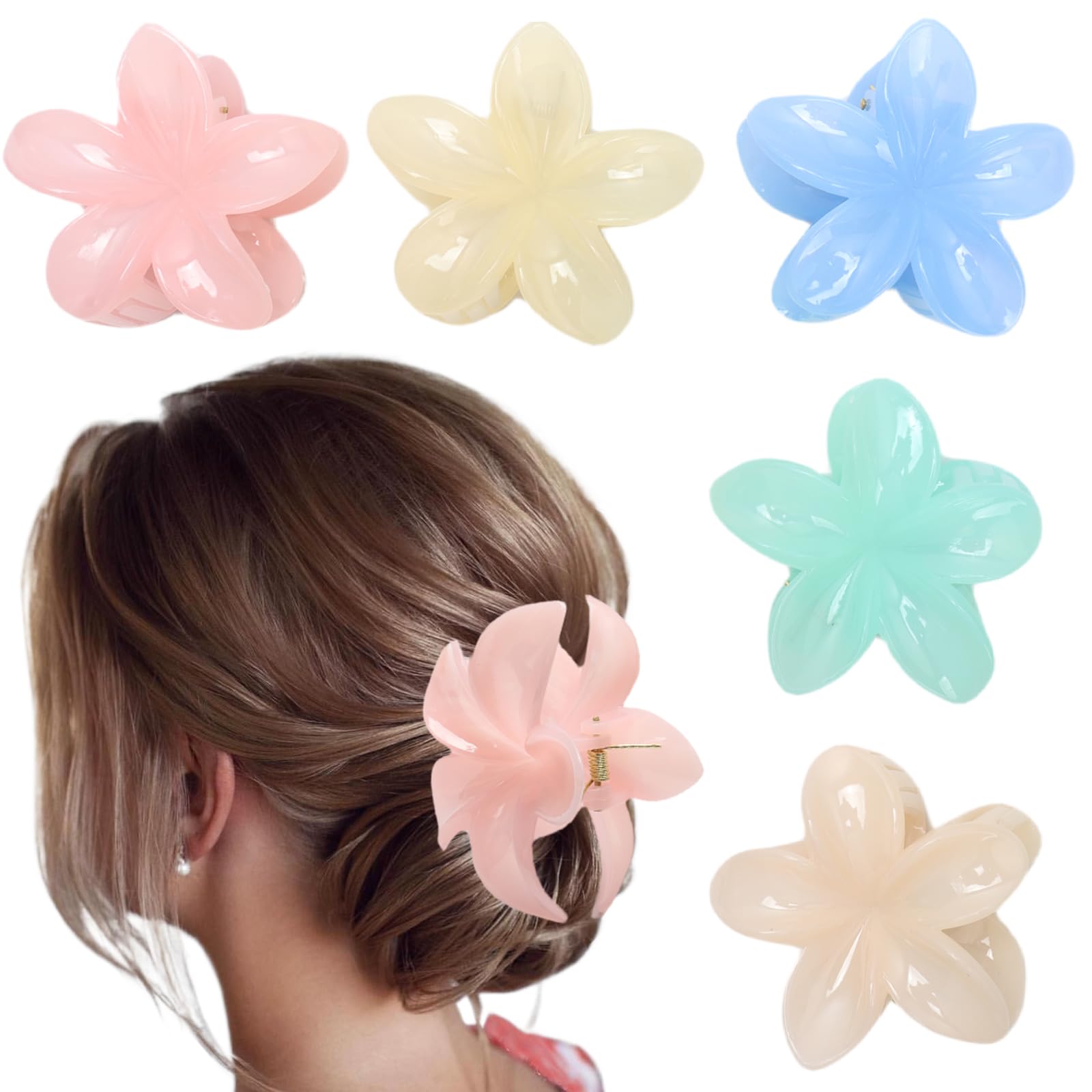 5PCS Flower Claw Clips, Nonslip Flower Hair Clip, Strong Hold Hair Accessories for Girls and Women, Large Claw Clips Hawaiian Hair Clips for Medium Thick Hair, Straight, Curly (Jelly color)