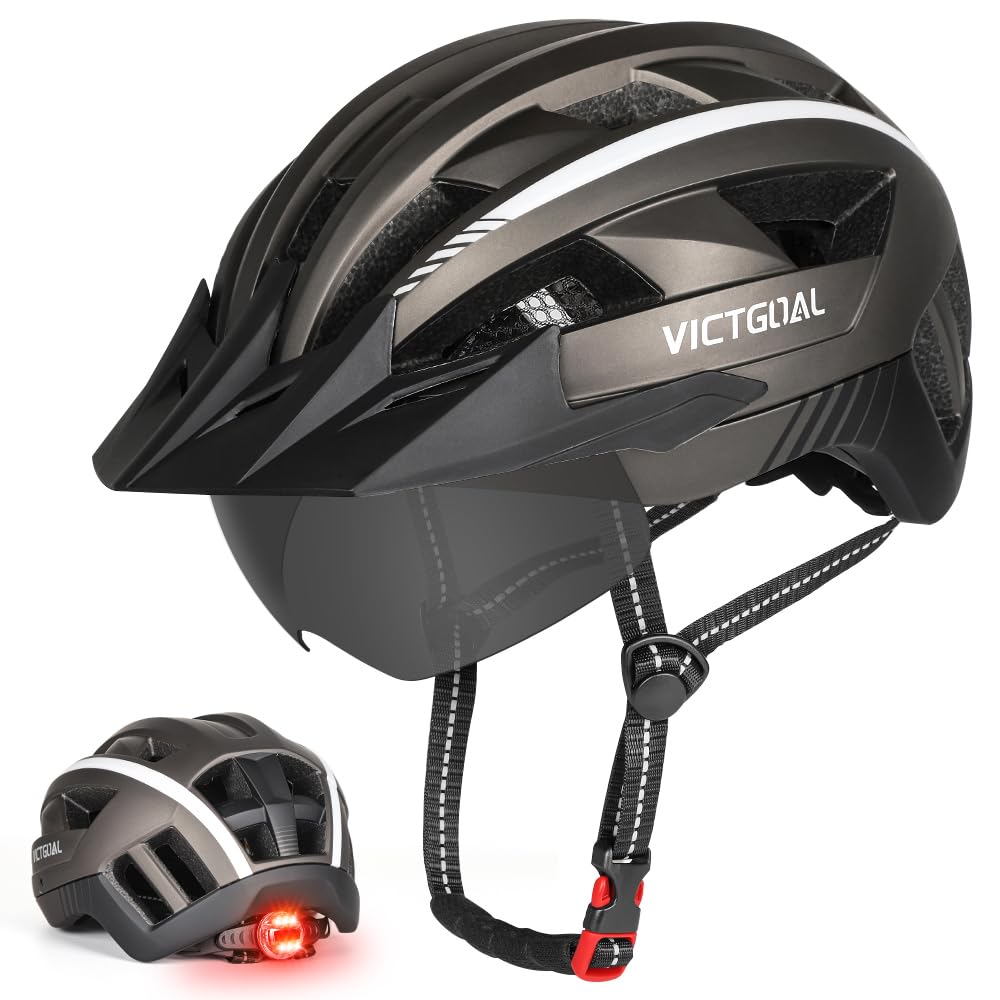 Victgoal Bike Helmet for Men Women with Led Light Detachable Magnetic Goggles Visor Mountain & Road Bicycle Helmets Adjustable Size Adult Cycling Helmets (Ti, L: 22.4-24 inch (57-61 cm))