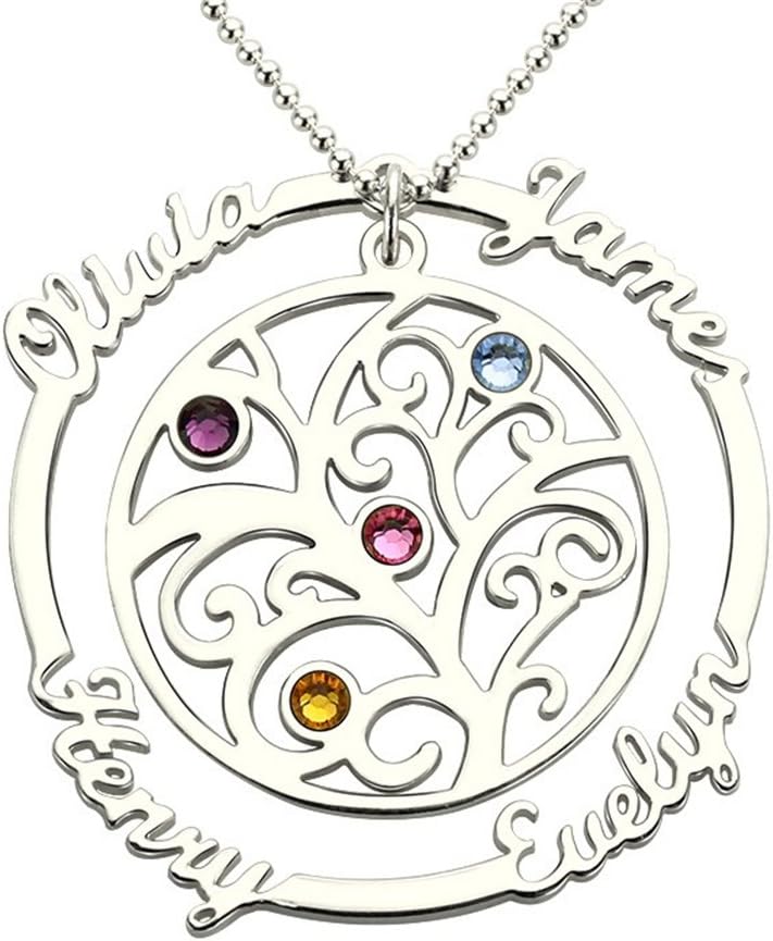XXI0c2sd2s Family Tree Necklace with Birthstone Silver Hand Stamped Mother Necklace Birthstone Necklace for Mom Grandmother