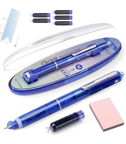 WRITECH Clictek Fountain Pen Set - Retractable Medium Nib, Transparent Barrel, Includes 5 Blue Ink Cartridges
