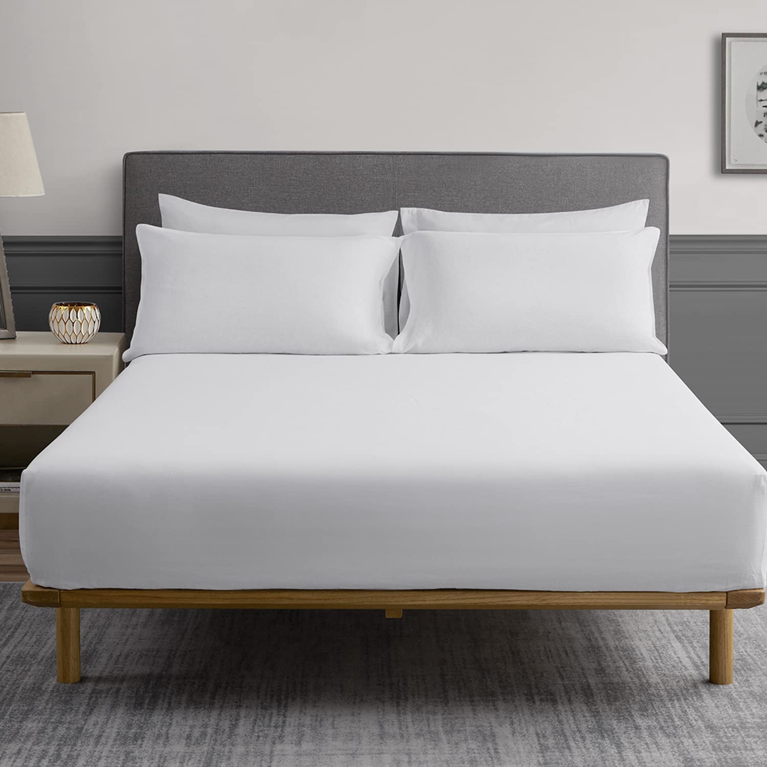 DAPU Linen Fitted Sheet, 40 cm Deep Pocket, King Size, 150×200 cm Off-White/Linen Cotton