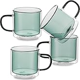 GURUDAR Double Wall Insulated Glass Tea Cups Set of 4, Clear Borosilicate Espresso Shot Cups for Espresso Machine, Glass Teacups Coffee Mugs with Handle for Cappuccino Latte, Green, 10OZ/280ML
