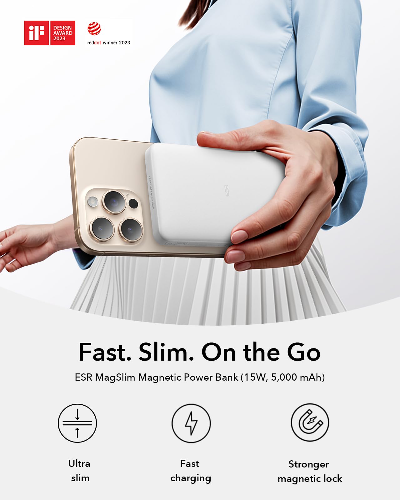 ESR 15 W zertifiziertes MagSafe Power Bank, 5.000mAh 15W schnelles tragbares Ladegerät, 1,4 cm kompakte Powerbank, MagSafe Ladegerät mit USB-C Kabel für iPhone 17/16/15/14/13/12/Google Pixel 10, Weiß 2