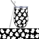 Geiserailie Halloween Ghost Wine Tumbler 12 oz Cute Spooky Ghost Stainless Steel Wine Glass Tumbler with Lids and Straw Insulated Double Wall Travel Tumblers for Halloween Party Gift Women Men